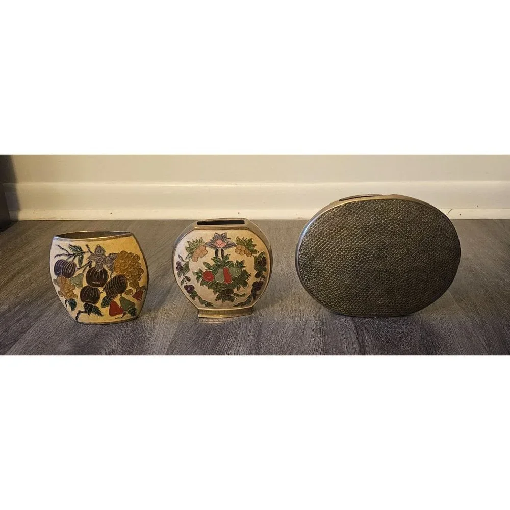 Lot of 3 Vintage Brass /‎ Copper Raised Enamel Floral Vases Made in India